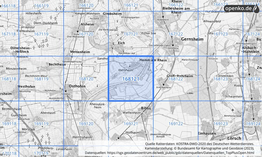 Übersichtskarte des KOSTRA-DWD-2020-Rasterfeldes Nr. 168121