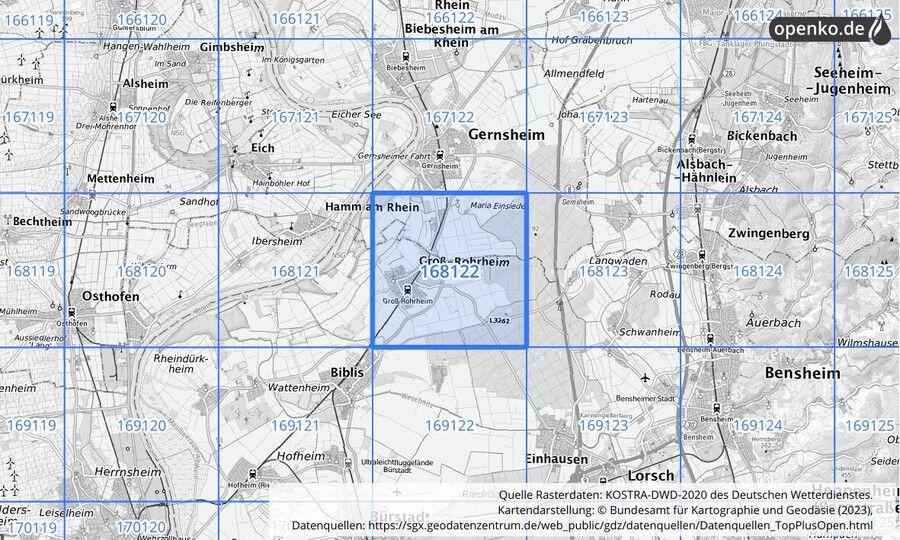 Übersichtskarte des KOSTRA-DWD-2020-Rasterfeldes Nr. 168122