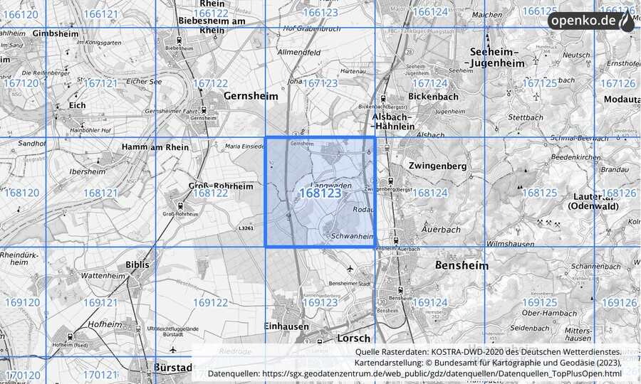 Übersichtskarte des KOSTRA-DWD-2020-Rasterfeldes Nr. 168123