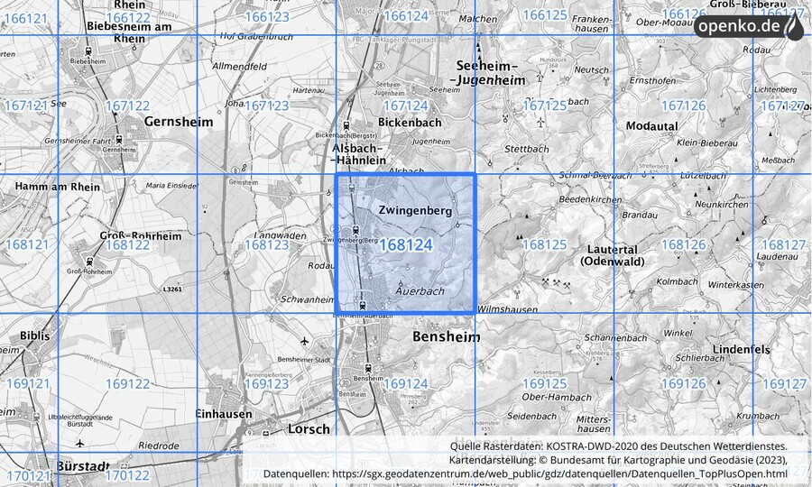 Übersichtskarte des KOSTRA-DWD-2020-Rasterfeldes Nr. 168124