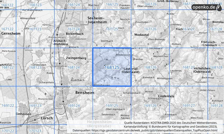 Übersichtskarte des KOSTRA-DWD-2020-Rasterfeldes Nr. 168125