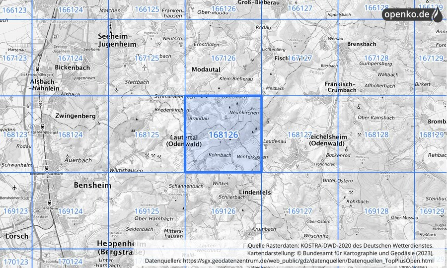 Übersichtskarte des KOSTRA-DWD-2020-Rasterfeldes Nr. 168126