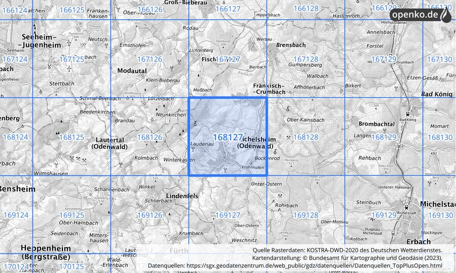 Übersichtskarte des KOSTRA-DWD-2020-Rasterfeldes Nr. 168127