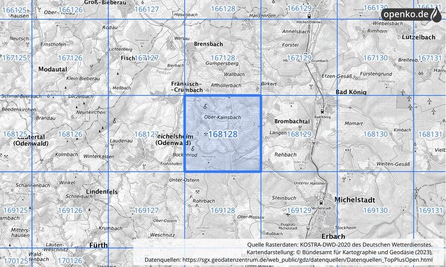 Übersichtskarte des KOSTRA-DWD-2020-Rasterfeldes Nr. 168128