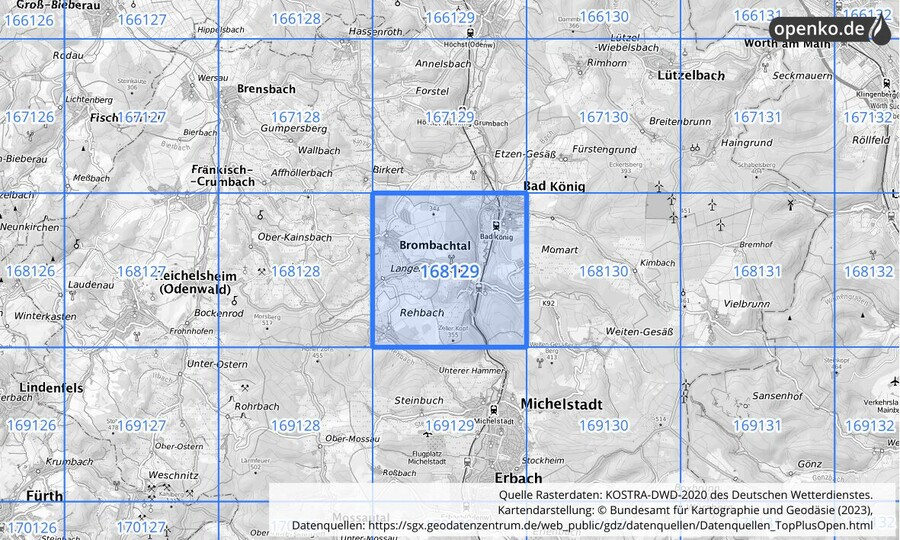 Übersichtskarte des KOSTRA-DWD-2020-Rasterfeldes Nr. 168129