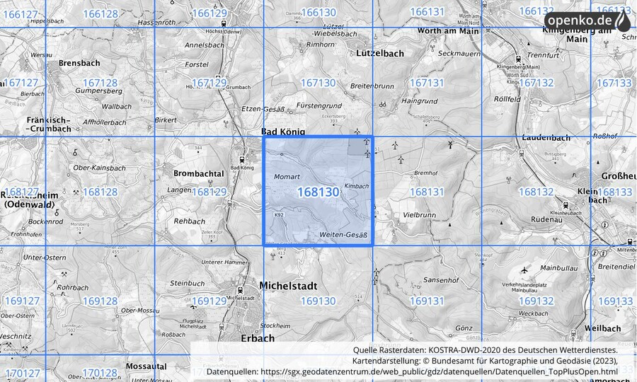 Übersichtskarte des KOSTRA-DWD-2020-Rasterfeldes Nr. 168130