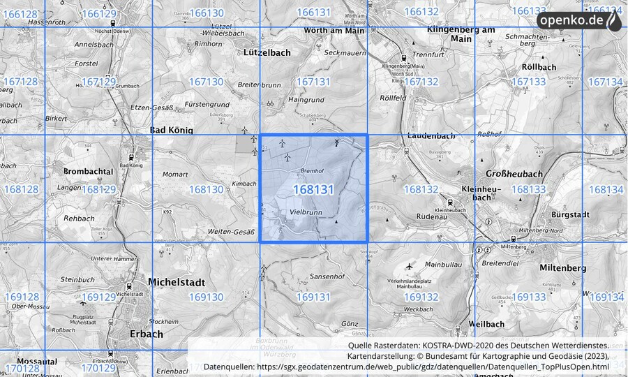 Übersichtskarte des KOSTRA-DWD-2020-Rasterfeldes Nr. 168131