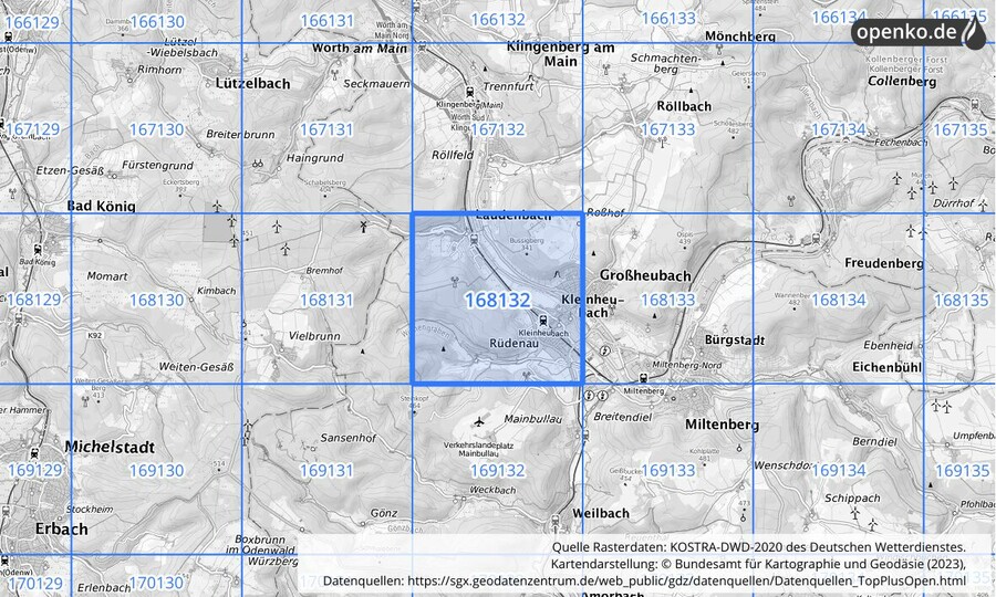 Übersichtskarte des KOSTRA-DWD-2020-Rasterfeldes Nr. 168132