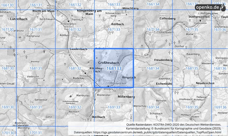 Übersichtskarte des KOSTRA-DWD-2020-Rasterfeldes Nr. 168133