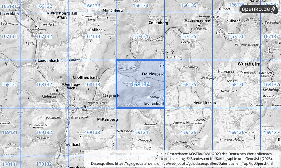 Übersichtskarte des KOSTRA-DWD-2020-Rasterfeldes Nr. 168134