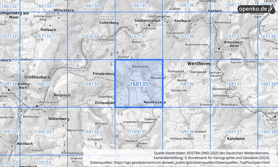 Übersichtskarte des KOSTRA-DWD-2020-Rasterfeldes Nr. 168135