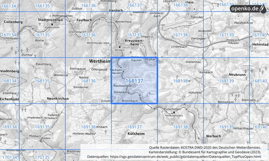 Übersichtskarte des KOSTRA-DWD-2020-Rasterfeldes Nr. 168137