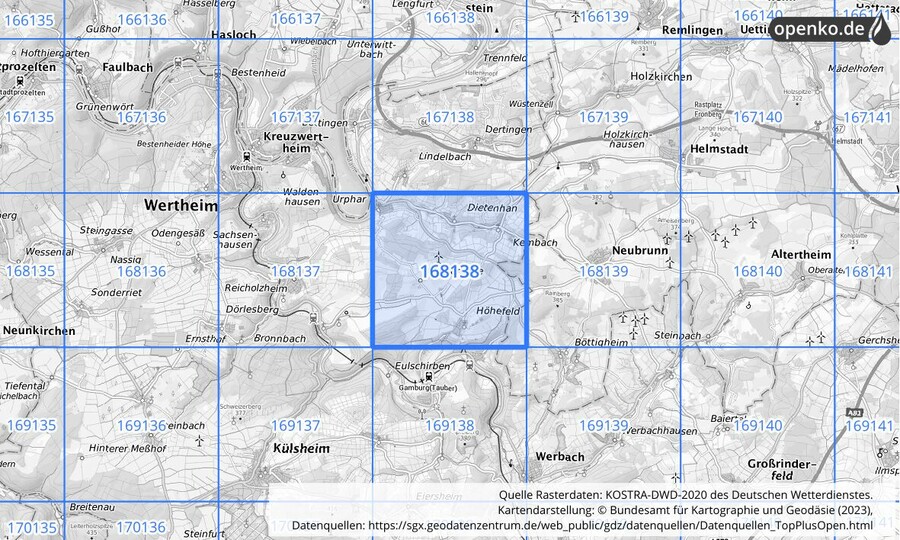 Übersichtskarte des KOSTRA-DWD-2020-Rasterfeldes Nr. 168138