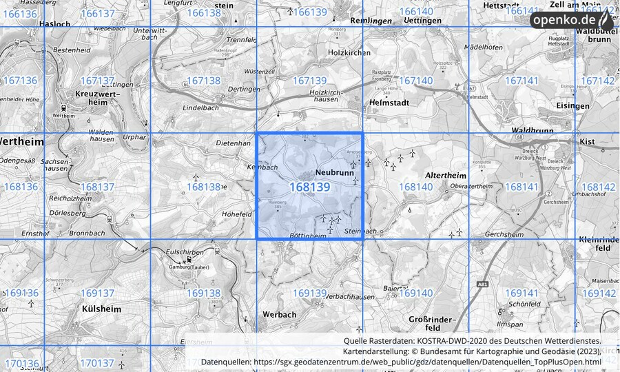 Übersichtskarte des KOSTRA-DWD-2020-Rasterfeldes Nr. 168139