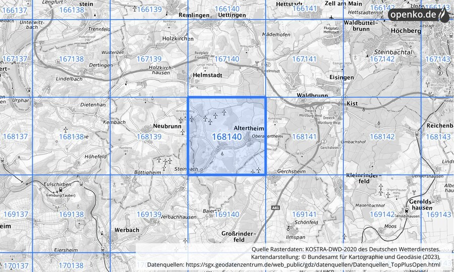 Übersichtskarte des KOSTRA-DWD-2020-Rasterfeldes Nr. 168140
