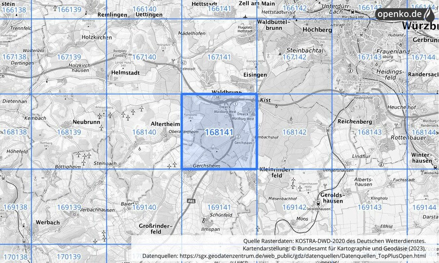 Übersichtskarte des KOSTRA-DWD-2020-Rasterfeldes Nr. 168141