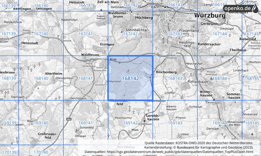 Übersichtskarte des KOSTRA-DWD-2020-Rasterfeldes Nr. 168142