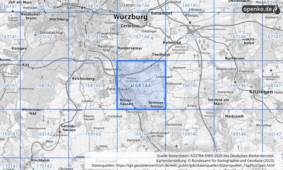 Übersichtskarte des KOSTRA-DWD-2020-Rasterfeldes Nr. 168144