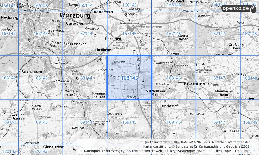 Übersichtskarte des KOSTRA-DWD-2020-Rasterfeldes Nr. 168145