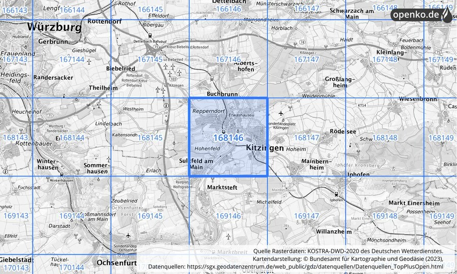 Übersichtskarte des KOSTRA-DWD-2020-Rasterfeldes Nr. 168146