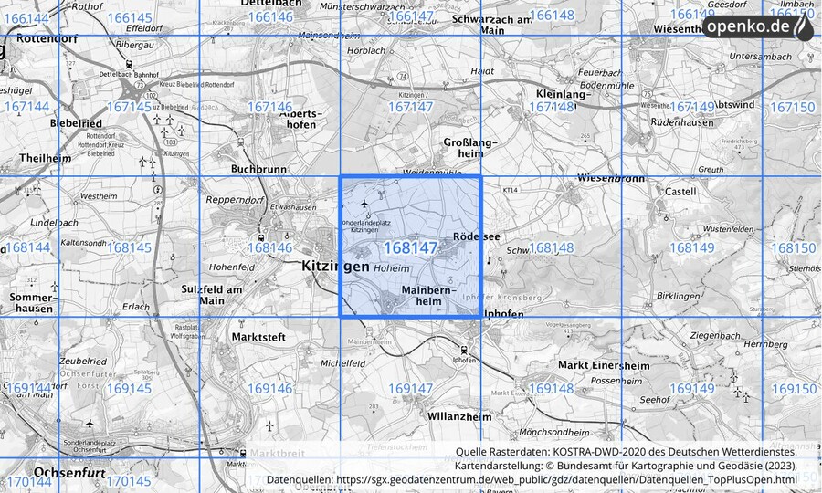 Übersichtskarte des KOSTRA-DWD-2020-Rasterfeldes Nr. 168147