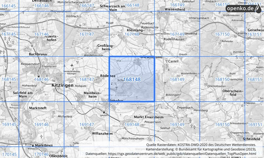 Übersichtskarte des KOSTRA-DWD-2020-Rasterfeldes Nr. 168148