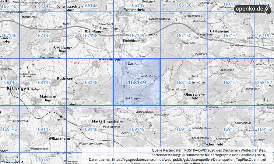 Übersichtskarte des KOSTRA-DWD-2020-Rasterfeldes Nr. 168149