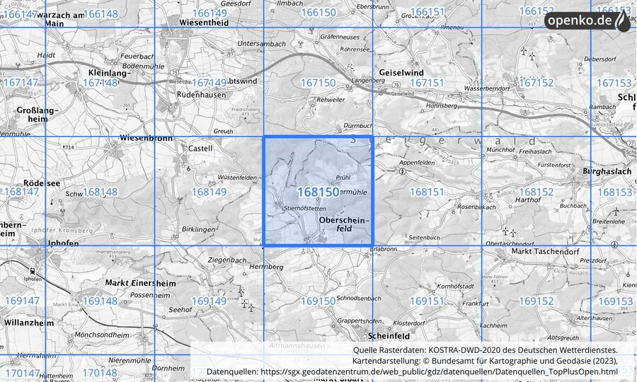 Übersichtskarte des KOSTRA-DWD-2020-Rasterfeldes Nr. 168150