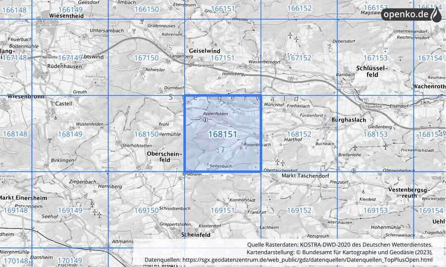 Übersichtskarte des KOSTRA-DWD-2020-Rasterfeldes Nr. 168151