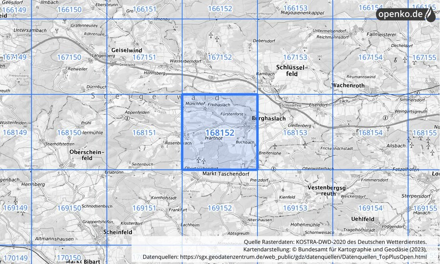 Übersichtskarte des KOSTRA-DWD-2020-Rasterfeldes Nr. 168152