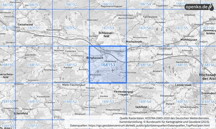 Übersichtskarte des KOSTRA-DWD-2020-Rasterfeldes Nr. 168153