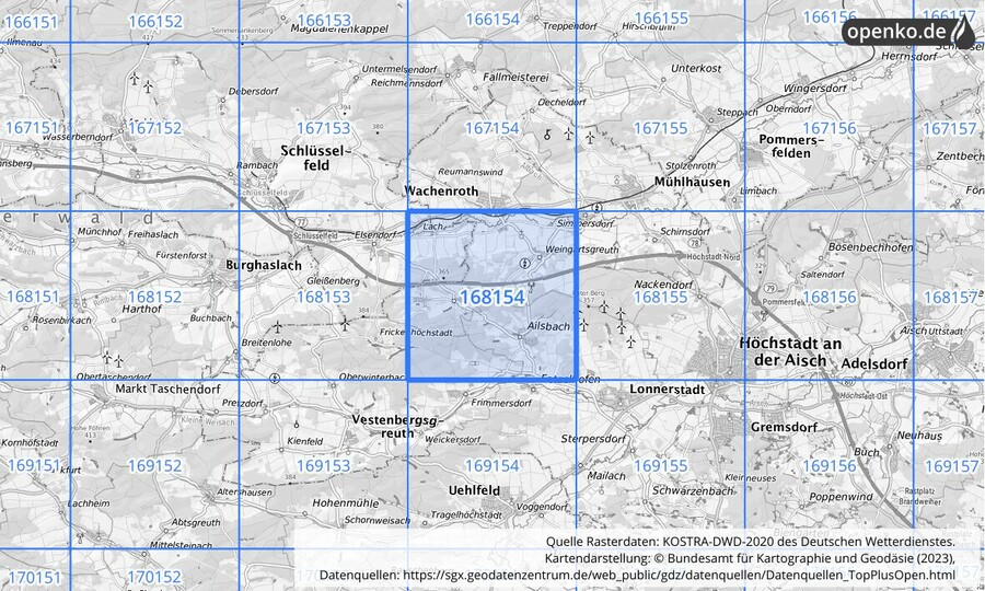 Übersichtskarte des KOSTRA-DWD-2020-Rasterfeldes Nr. 168154