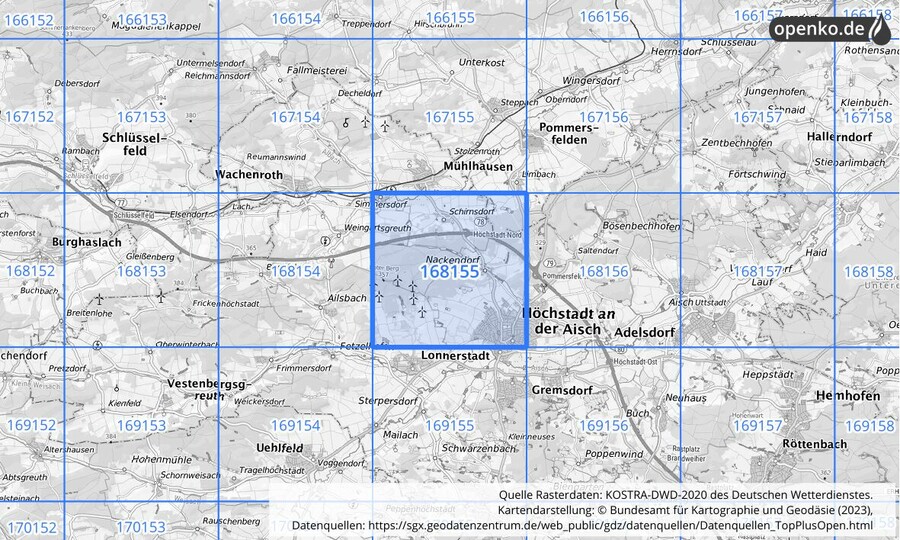 Übersichtskarte des KOSTRA-DWD-2020-Rasterfeldes Nr. 168155