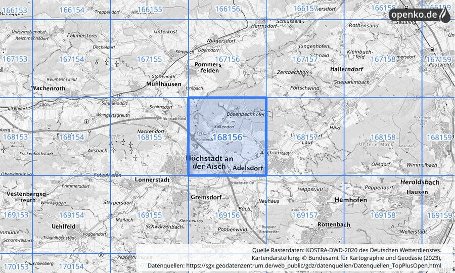 Übersichtskarte des KOSTRA-DWD-2020-Rasterfeldes Nr. 168156