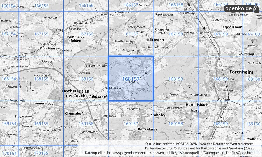 Übersichtskarte des KOSTRA-DWD-2020-Rasterfeldes Nr. 168157