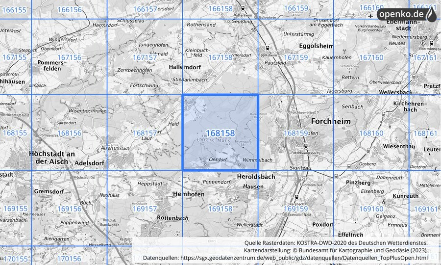 Übersichtskarte des KOSTRA-DWD-2020-Rasterfeldes Nr. 168158