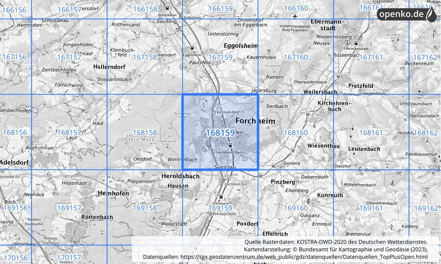 Übersichtskarte des KOSTRA-DWD-2020-Rasterfeldes Nr. 168159