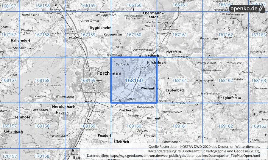 Übersichtskarte des KOSTRA-DWD-2020-Rasterfeldes Nr. 168160