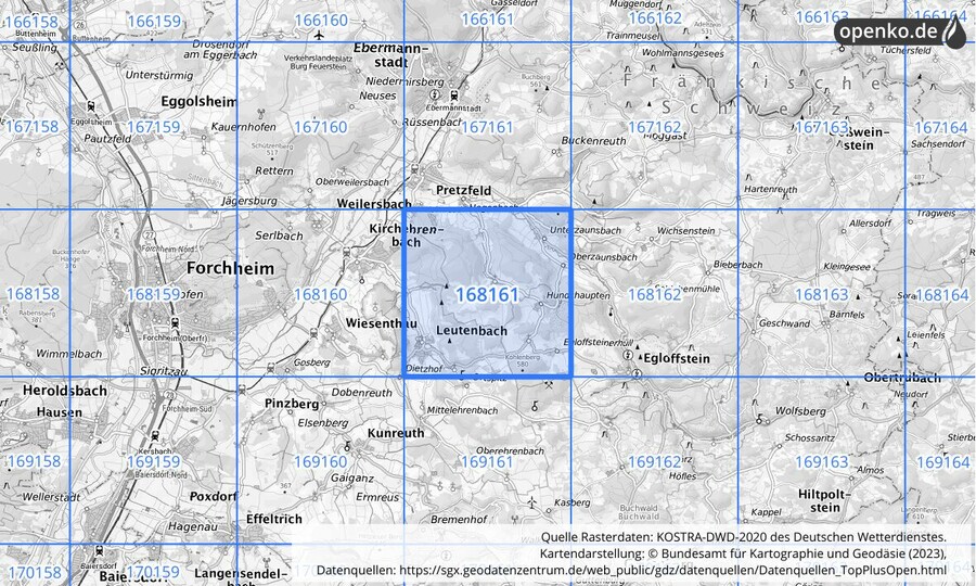 Übersichtskarte des KOSTRA-DWD-2020-Rasterfeldes Nr. 168161