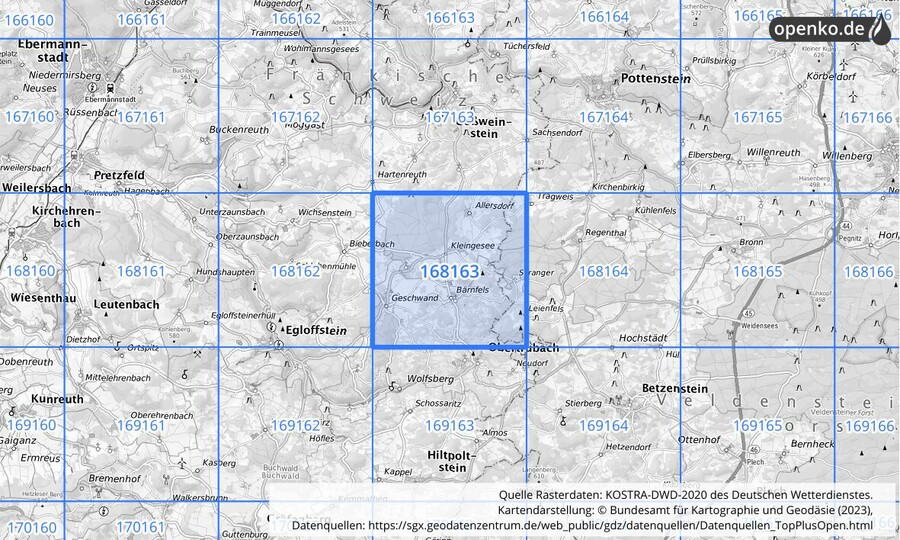 Übersichtskarte des KOSTRA-DWD-2020-Rasterfeldes Nr. 168163