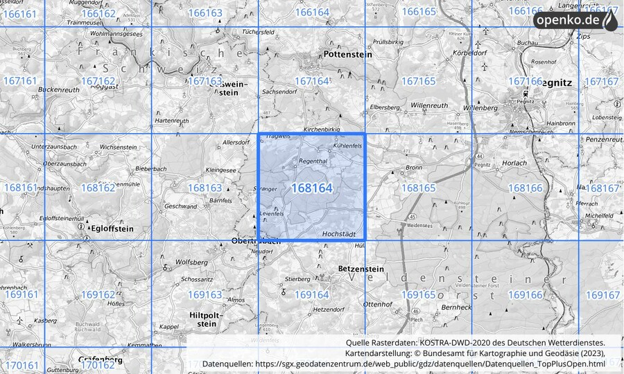 Übersichtskarte des KOSTRA-DWD-2020-Rasterfeldes Nr. 168164