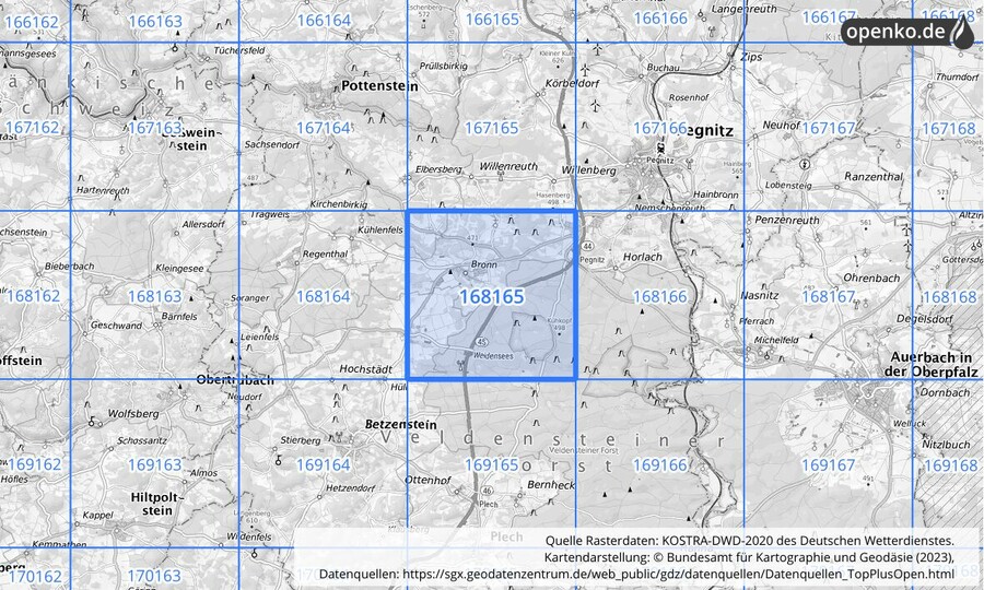 Übersichtskarte des KOSTRA-DWD-2020-Rasterfeldes Nr. 168165