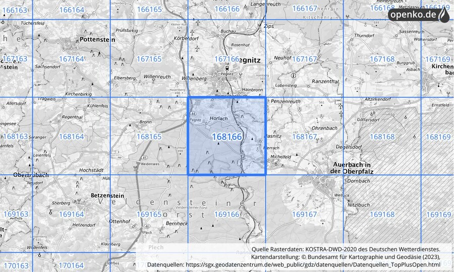 Übersichtskarte des KOSTRA-DWD-2020-Rasterfeldes Nr. 168166