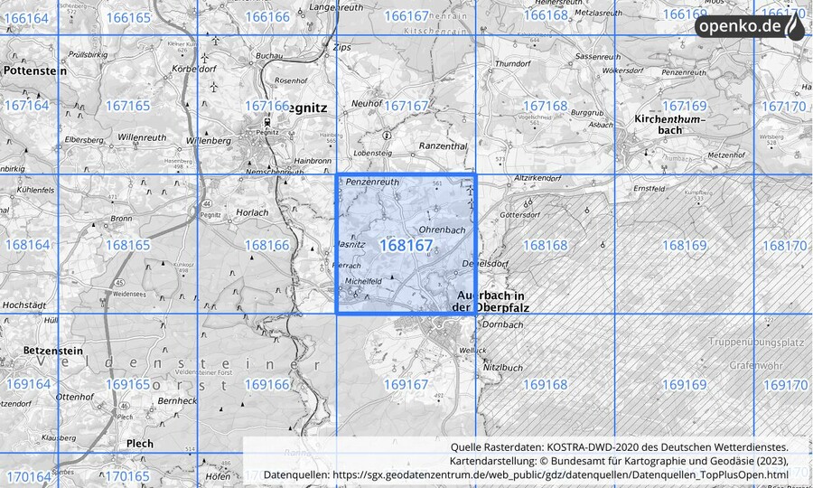 Übersichtskarte des KOSTRA-DWD-2020-Rasterfeldes Nr. 168167