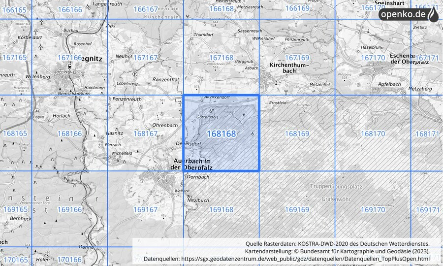 Übersichtskarte des KOSTRA-DWD-2020-Rasterfeldes Nr. 168168