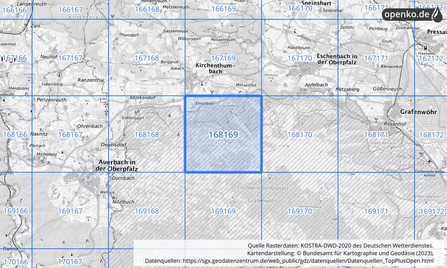 Übersichtskarte des KOSTRA-DWD-2020-Rasterfeldes Nr. 168169