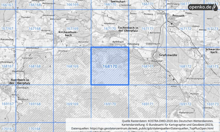 Übersichtskarte des KOSTRA-DWD-2020-Rasterfeldes Nr. 168170