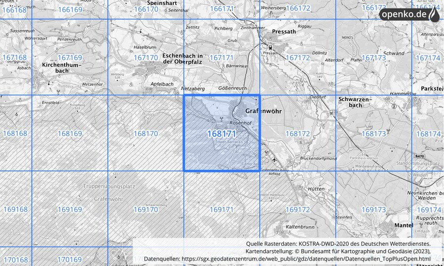 Übersichtskarte des KOSTRA-DWD-2020-Rasterfeldes Nr. 168171