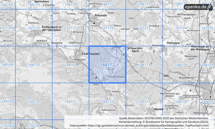 Übersichtskarte des KOSTRA-DWD-2020-Rasterfeldes Nr. 168172