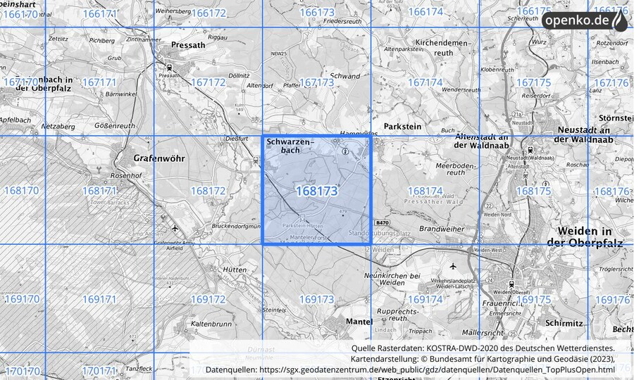 Übersichtskarte des KOSTRA-DWD-2020-Rasterfeldes Nr. 168173